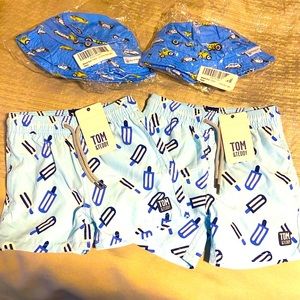 Brothers matching Tom & Teddy Boys Bathing Suit back pocket NWT and free hats!